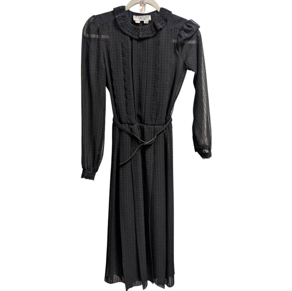 St Julian By Kay Unger Black Vintage Dress Pleated Long Sleeve Sheer Ruffle